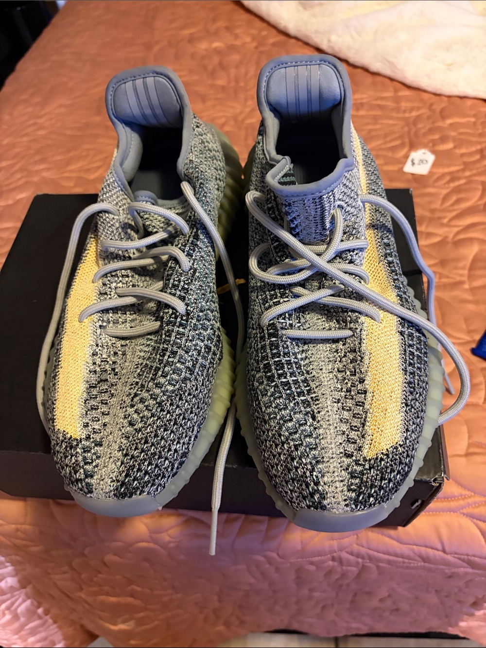 Yeezy Men's size 9.5 Knit Athletic Sneakers - Grey with Yellow Stripe